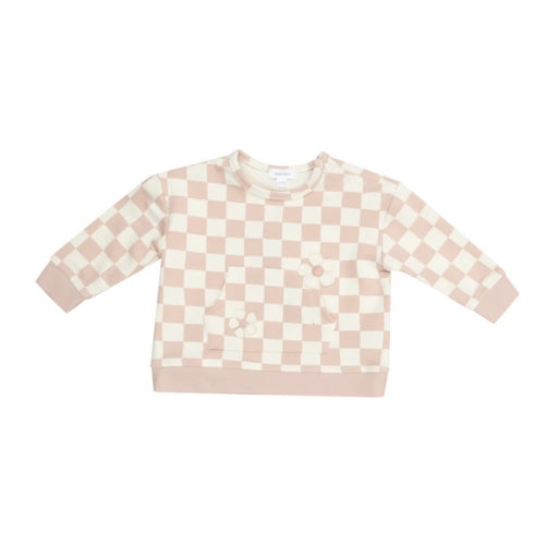Sweatshirt W/ Shoulder Placket + Kanga Pocket - Checkerboard Pink