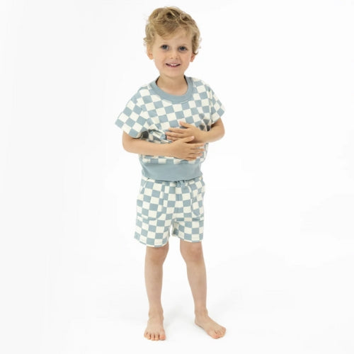 French Terry Crew Neck + Everyday Short Set - Checkerboard Gray Mist