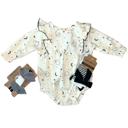 Celestial Ghost Bubble Romper, Knee High Socks, Headband Set