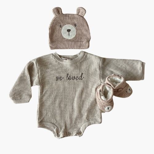 So Loved Bear Knit Romper, Hat and Beanie Set