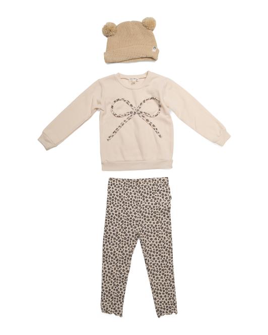 Girls Leopard Bow Sweatshirt, Leggings & Hat Set