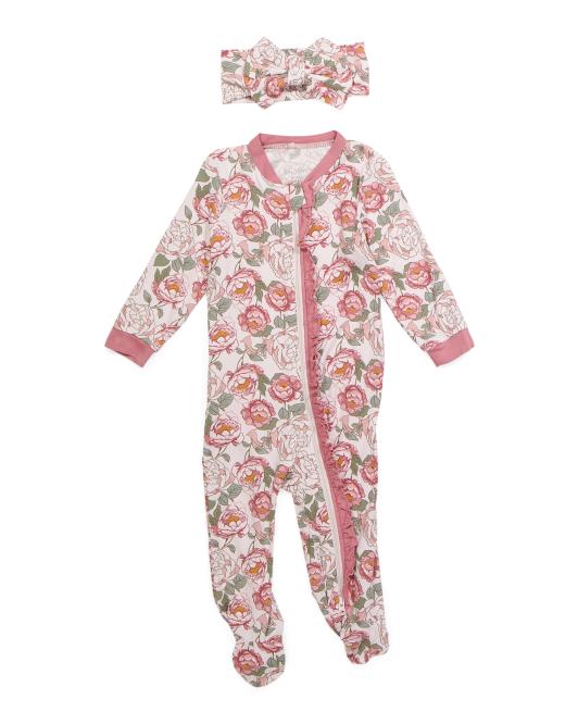 Rose Floral Bamboo Footie with Headband