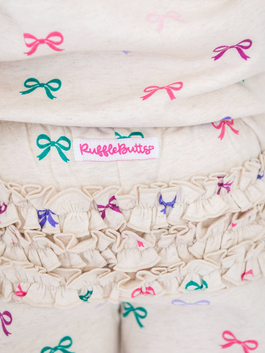 Toddler Girls Heather Oatmeal Ribbons Flutter Sweatshirt Jogger Set with Signature Rear Ruffles