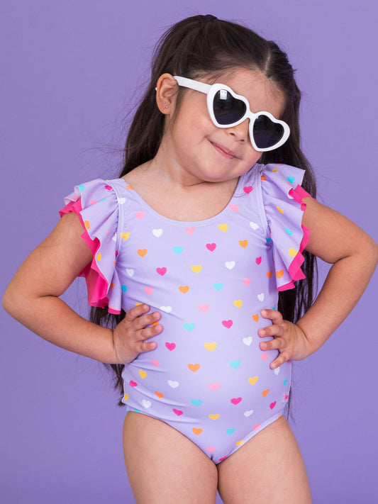 Girls Lavender Colorful Hearts Butterfly Sleeve One Piece Swimsuit