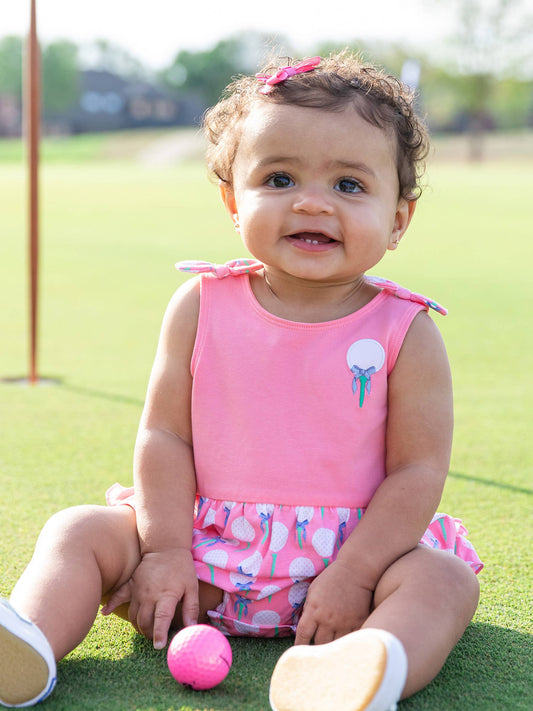 Baby Girls Pink Tee Time Knit Tie Shoulder Bubble Romper