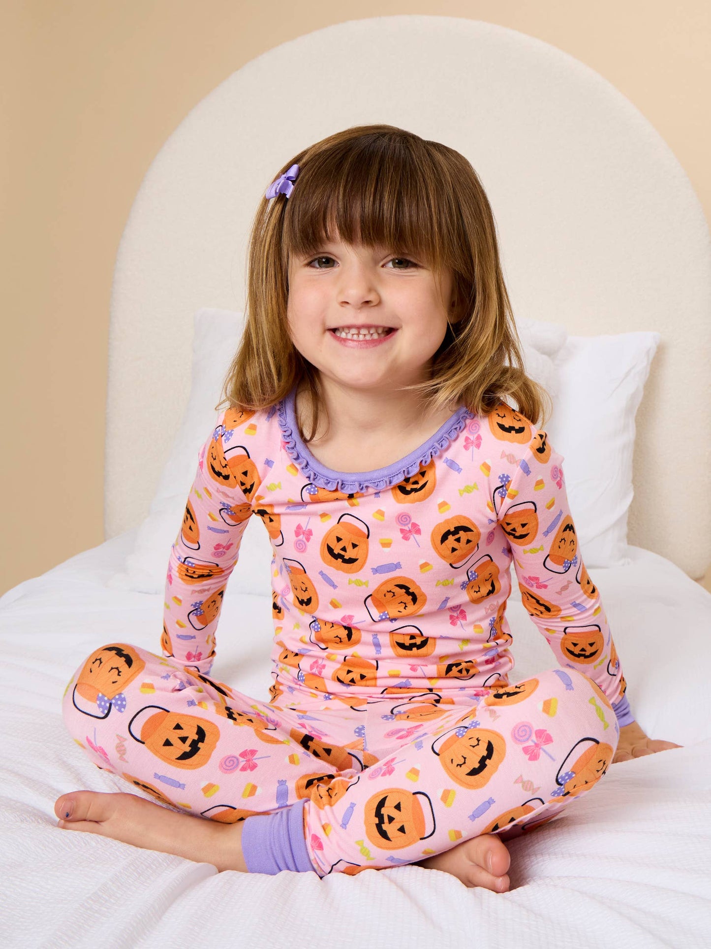 SoftSnooze™ Toddler Girls Bamboo Viscose Pumpkin Boo Crew Ruffle Long Sleeve Pajama Set with Signature Rear Ruffles
