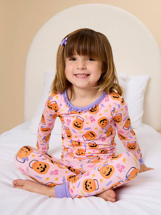 SoftSnooze™ Toddler Girls Bamboo Viscose Pumpkin Boo Crew Ruffle Long Sleeve Pajama Set with Signature Rear Ruffles