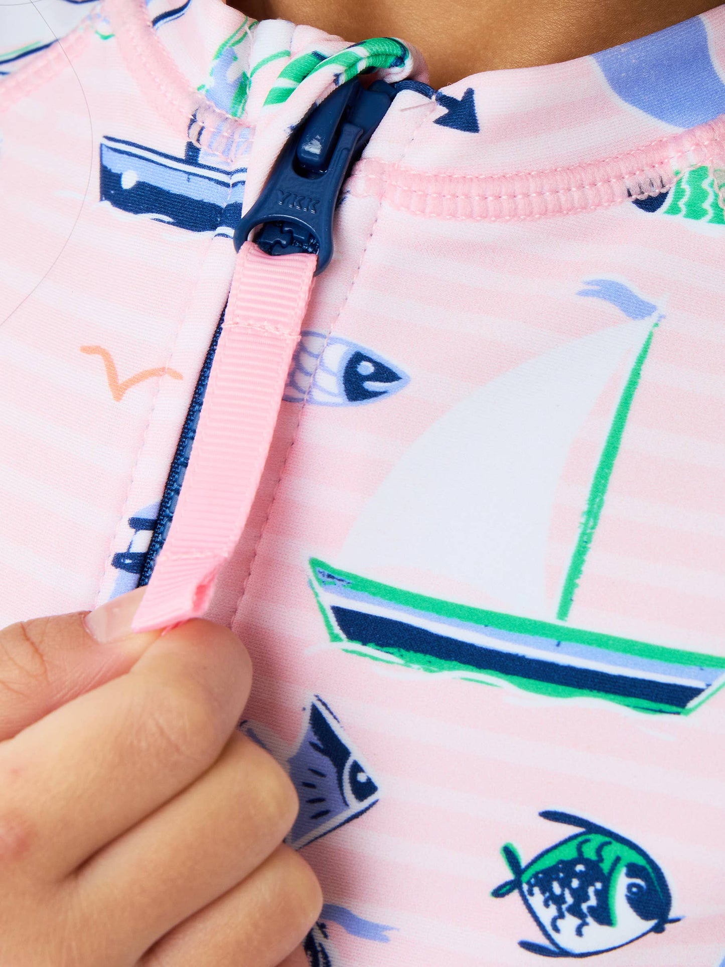 Girls Pink Sweet Sails Long Sleeve One Piece Rash Guard Swimsuit