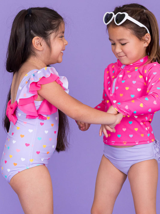 Girls Lavender Colorful Hearts Butterfly Sleeve One Piece Swimsuit