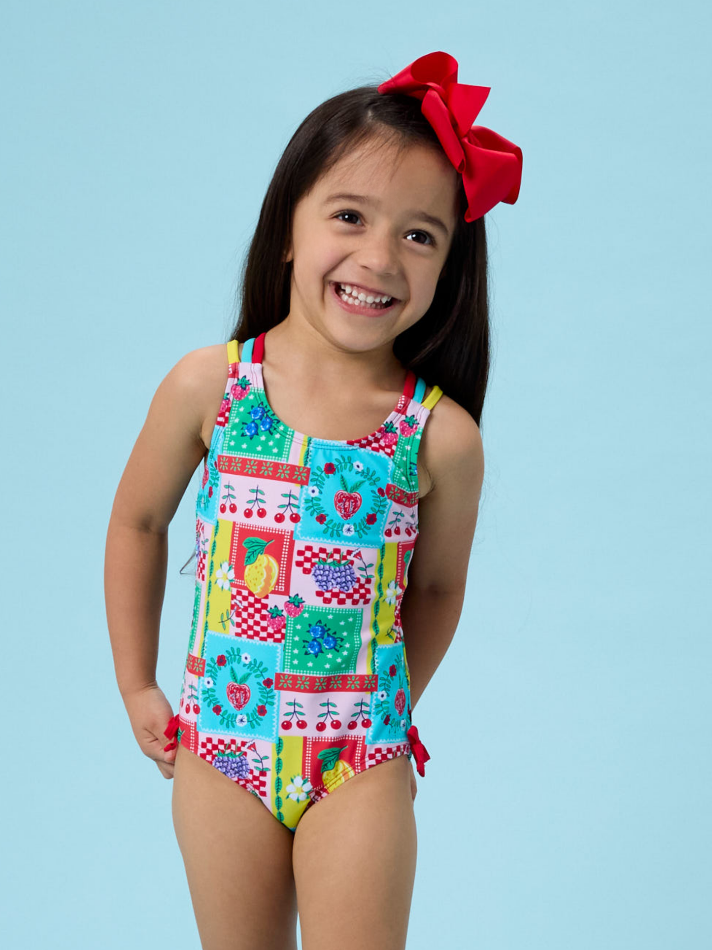 Girls Picnic Party Patchwork Cross-Back One Piece Swimsuit