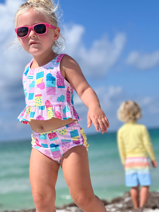 Girls Ice Cream Social Peplum Tankini 2-Piece Swimsuit with Signature Rear Ruffles