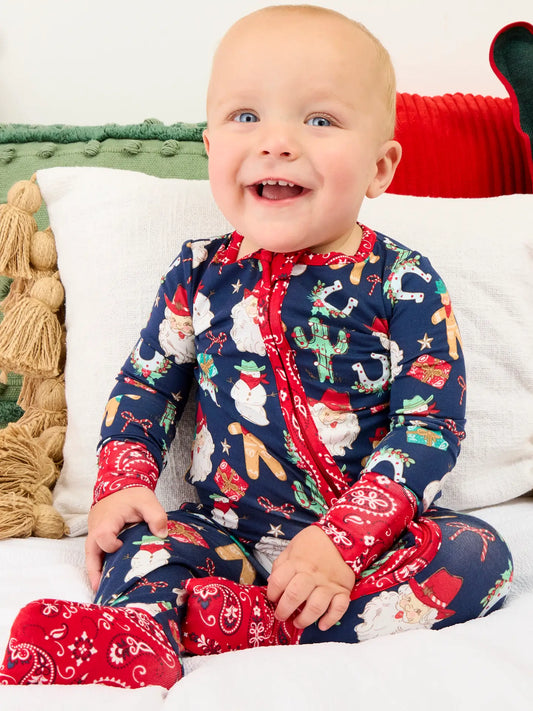 SoftSnooze™ Baby Bamboo Viscose Giddy Up Santa Western Christmas Convertible One Piece Footie Pajama