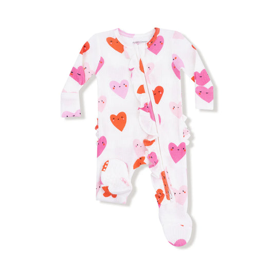 2 Way Zipper Ruffle Front Footie - Happy Hearts
