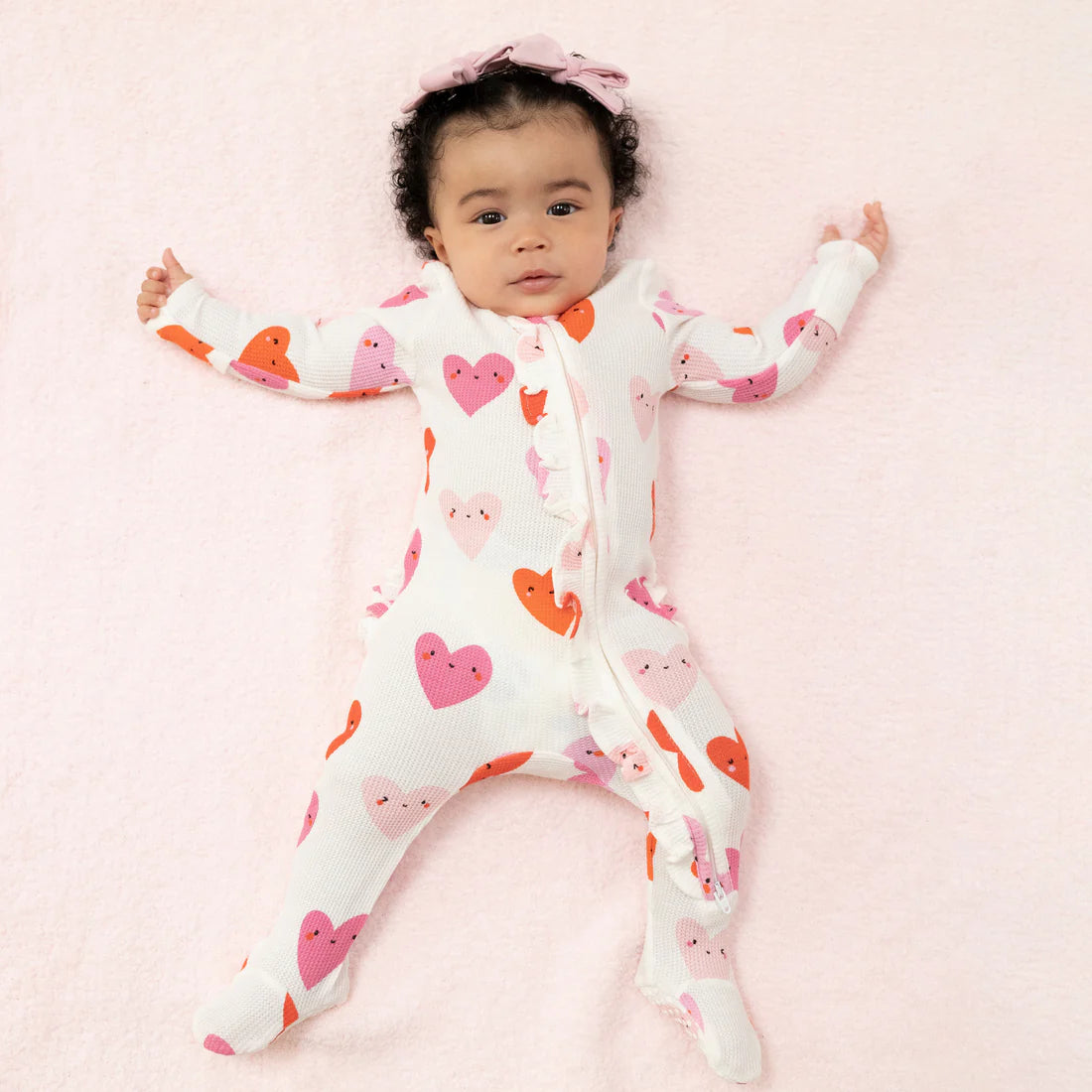 2 Way Zipper Ruffle Front Footie - Happy Hearts