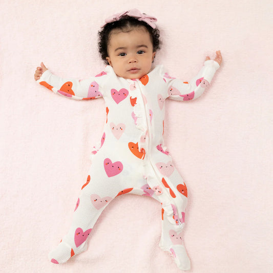 2 Way Zipper Ruffle Front Footie - Happy Hearts