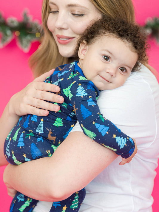 SoftSnooze™ Baby Boys Bamboo Viscose Merry Blue Pines Footed One Piece Pajama