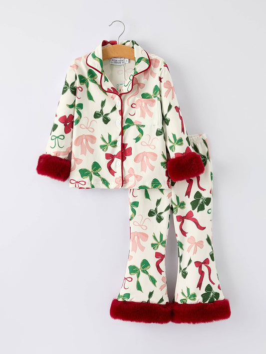 Holiday Bow Print Christmas Pajama Set – Girls Cozy Red Fur Trim