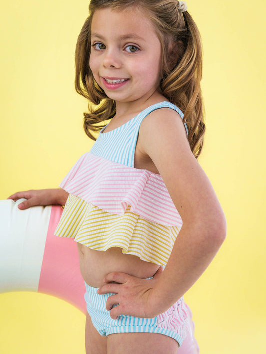 Girls Seersucker Color Block Flounce Bikini 2-Piece Swimsuit with Signature Rear Ruffles