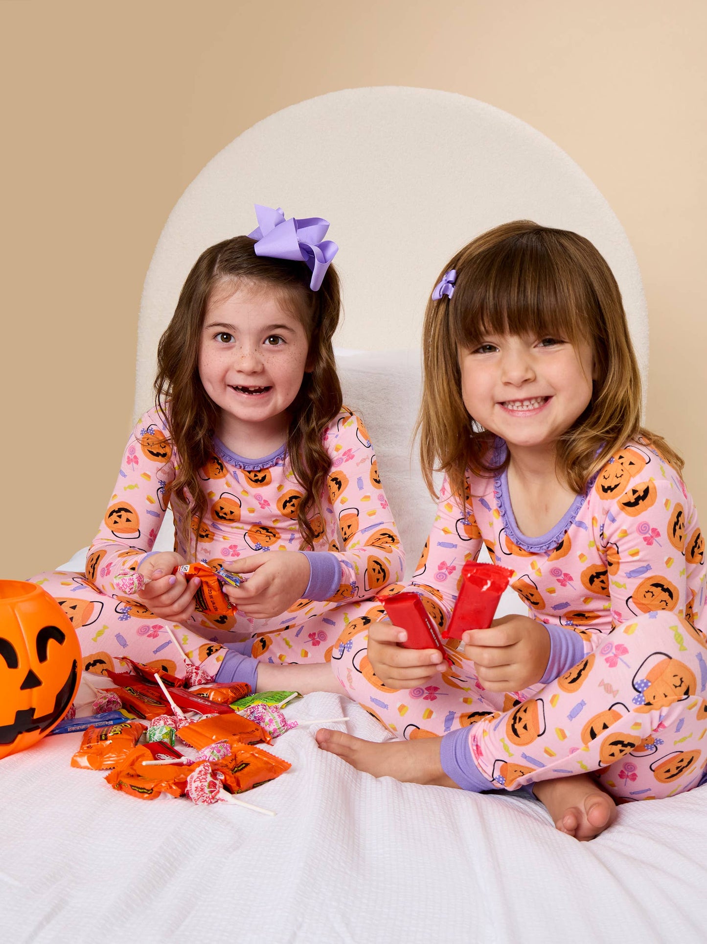 SoftSnooze™ Toddler Girls Bamboo Viscose Pumpkin Boo Crew Ruffle Long Sleeve Pajama Set with Signature Rear Ruffles