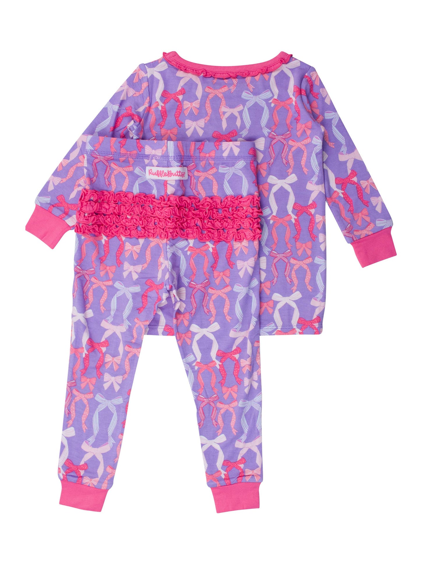 SoftSnooze™ Toddler Girls Bamboo Viscose Rosy Ribbons Ruffle Long Sleeve Pajama Set with Signature Rear Ruffles