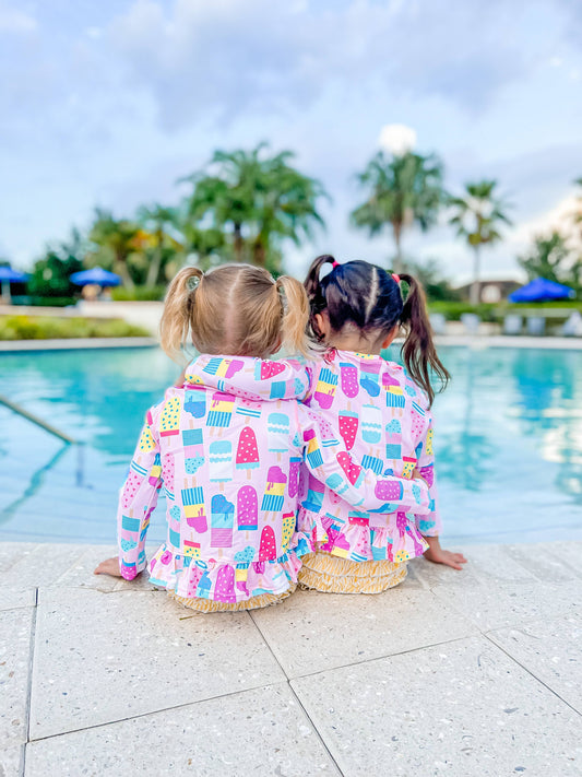 Girls Ice Cream Social Long Sleeve Ruffle Hem Rash Guard 2-Piece Swimsuit with Signature Rear Ruffles