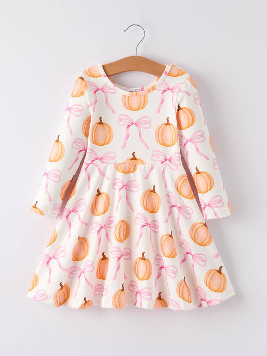 Halloween Pumpkin Bow Print Long Sleeve Dress