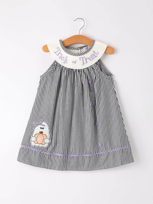 Halloween Striped "Trick Or Treat" Smock Embroidered Girl Dress
