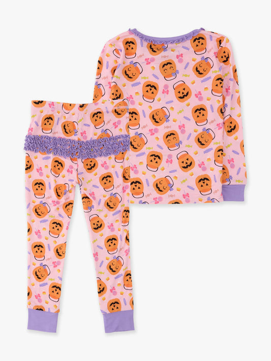 SoftSnooze™ Toddler Girls Bamboo Viscose Pumpkin Boo Crew Ruffle Long Sleeve Pajama Set with Signature Rear Ruffles