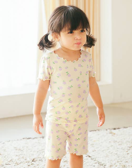 Shirring Purple Blossom Short Sleeve Bamboo Pajama