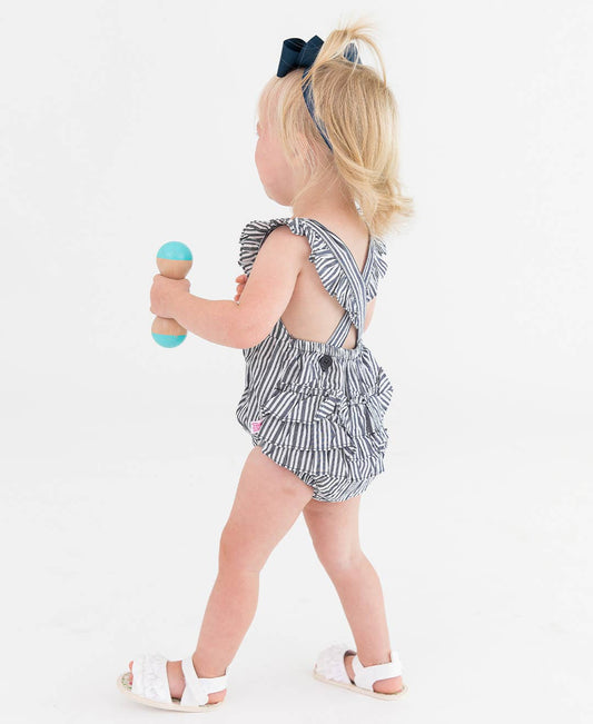 Baby Girls Dark Navy Micro Stripe Pinafore Cross-Back Woven Romper