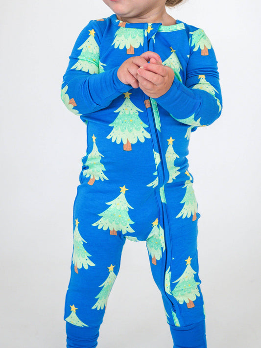 SoftSnooze™ Baby Bamboo Viscose Blue Twinkling Trees Convertible One Piece Footie Pajama