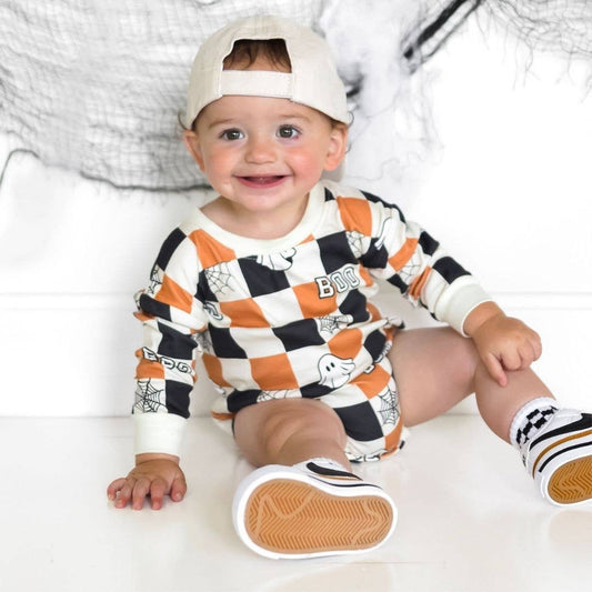 Boo Checkered Halloween Long Sleeve Romper - Baby Clothing