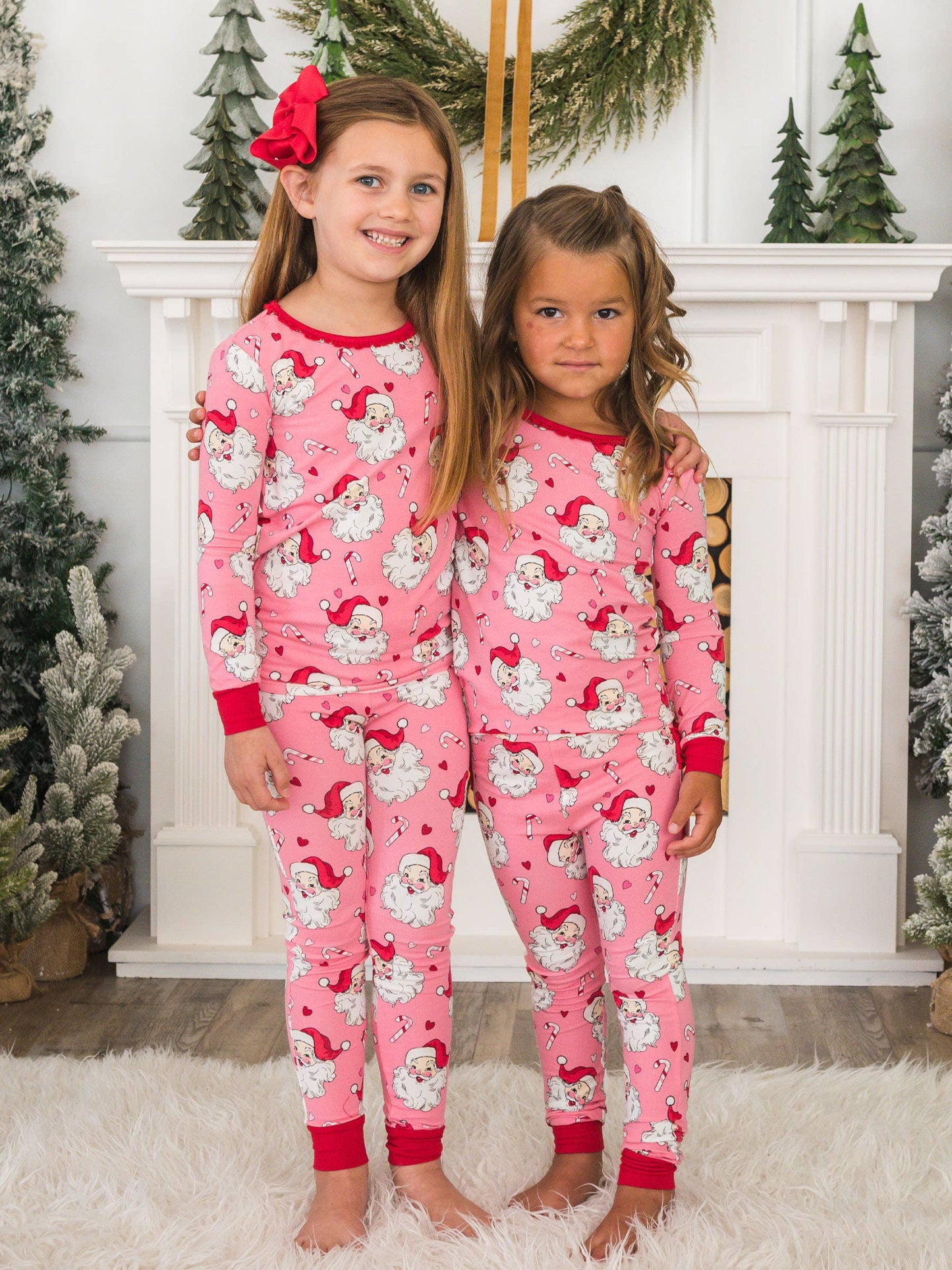 SoftSnooze™ Toddler Girls Modal Blend Pink Santa Joy Ruffle Long Sleeve Pajama Set with Signature Rear Ruffles