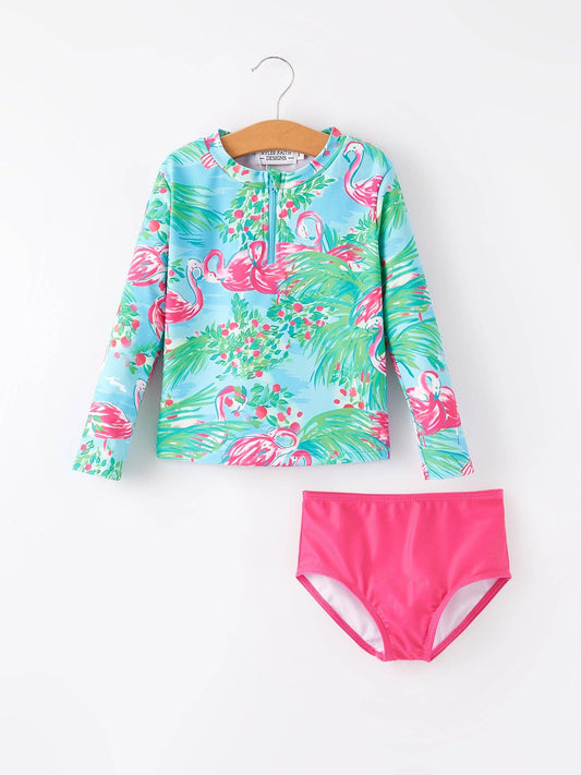 “Flamingo” Floral Rash Guard Swimsuit Set