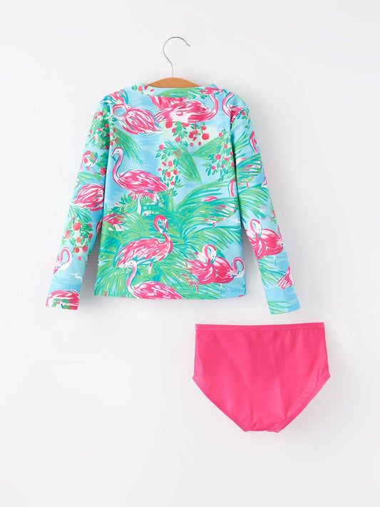 “Flamingo” Floral Rash Guard Swimsuit Set