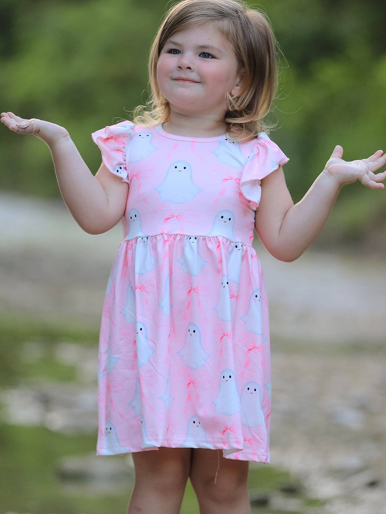 Halloween Pink Ghost Bow Ruffle Sleeve Dress