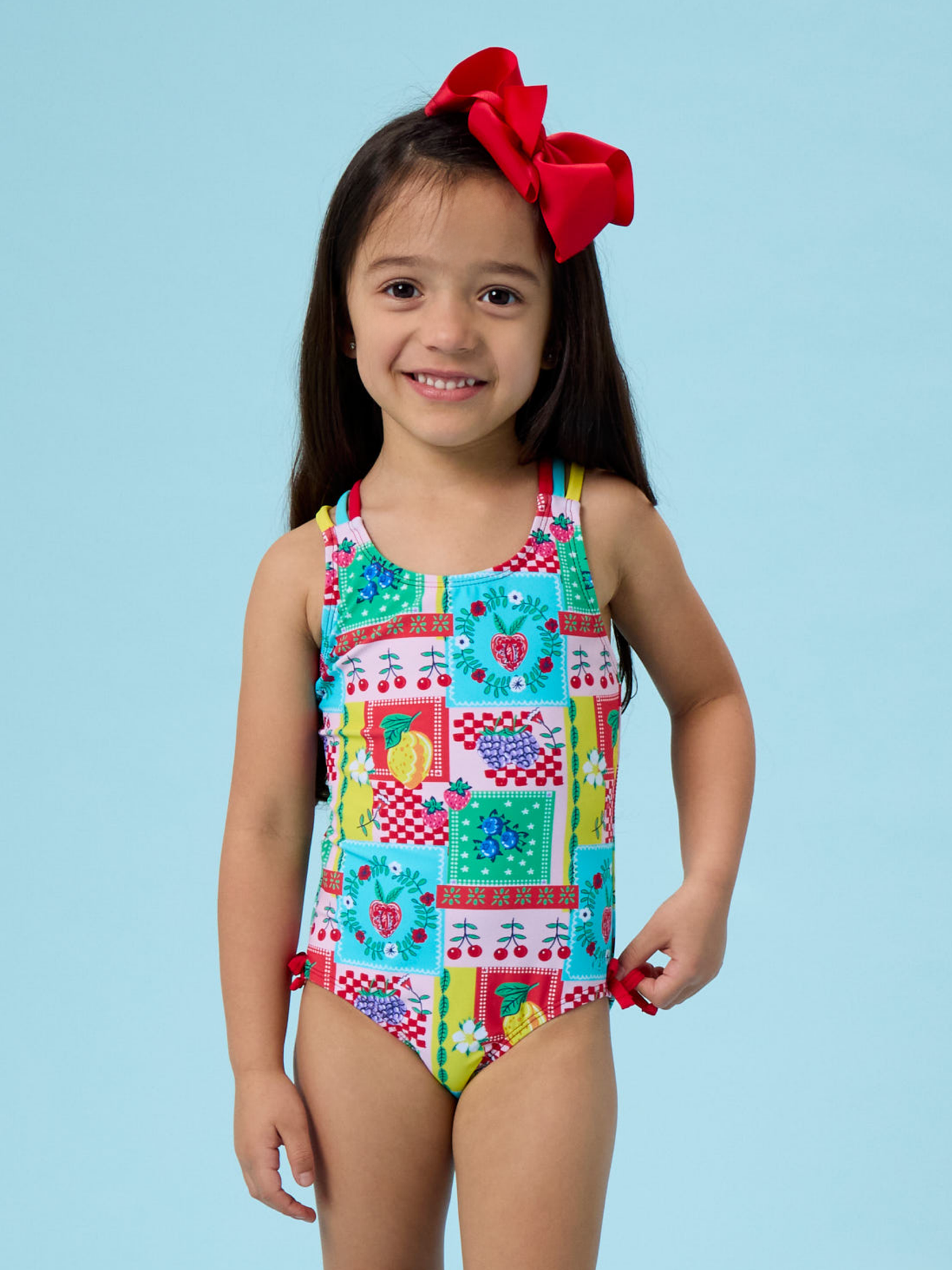 Girls Picnic Party Patchwork Cross-Back One Piece Swimsuit