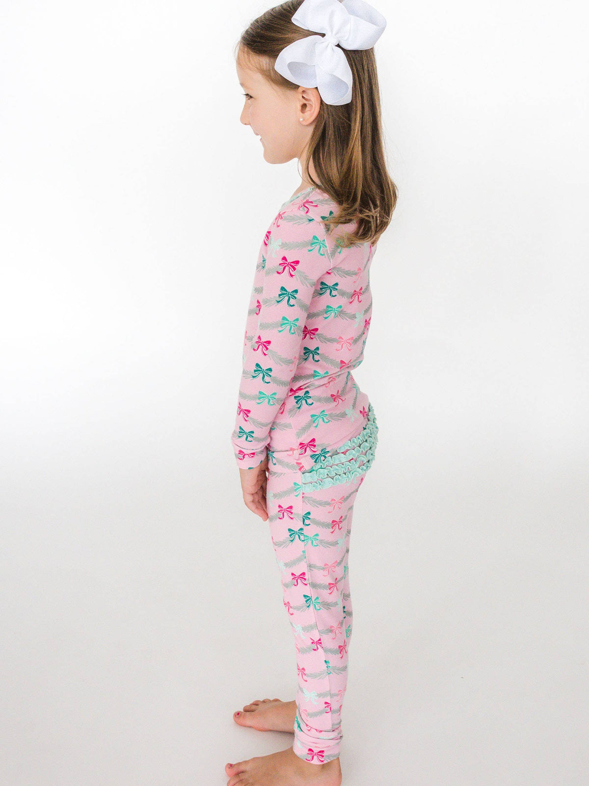 SoftSnooze™ Toddler Girls Cotton Modal Sparkle Pink Tinsel Tidings Ruffle Long Sleeve Pajama Set with Signature Rear Ruffles