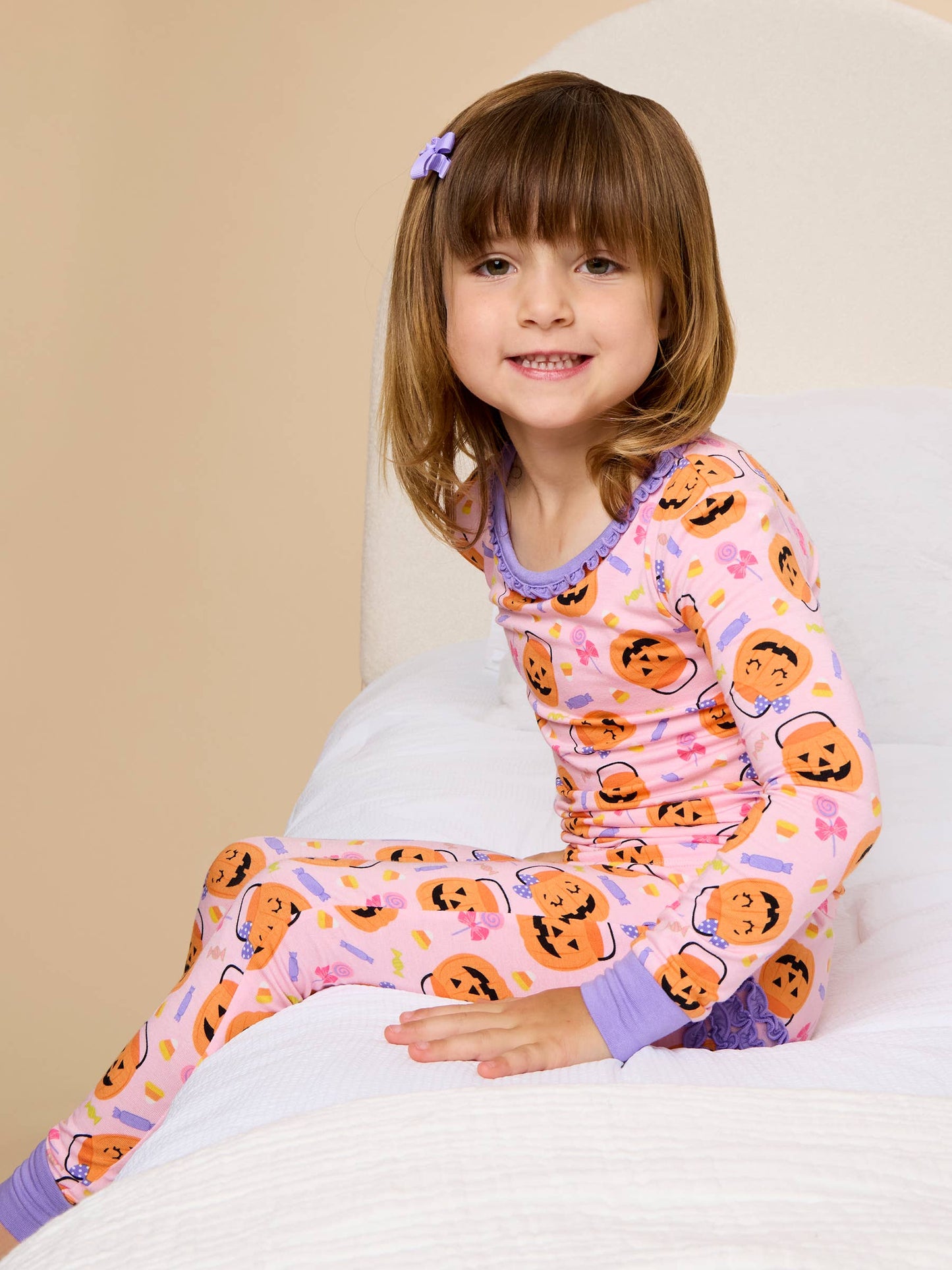 SoftSnooze™ Toddler Girls Bamboo Viscose Pumpkin Boo Crew Ruffle Long Sleeve Pajama Set with Signature Rear Ruffles