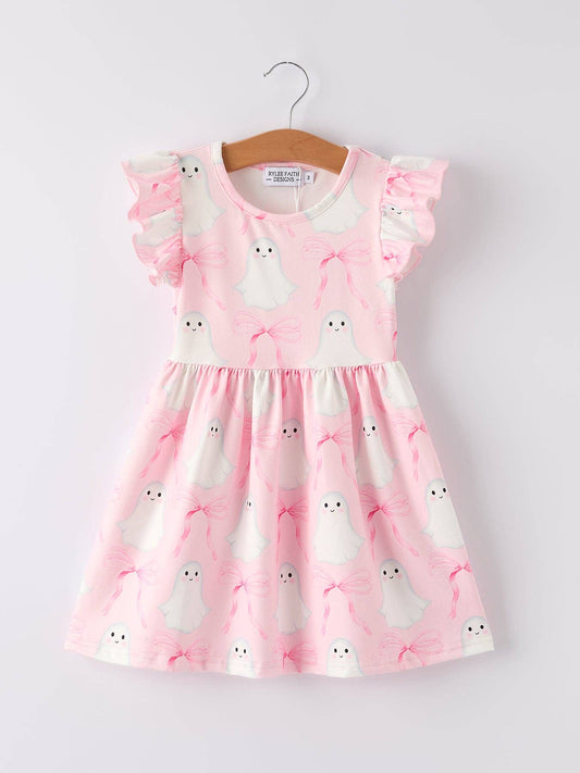 Halloween Pink Ghost Bow Ruffle Sleeve Dress