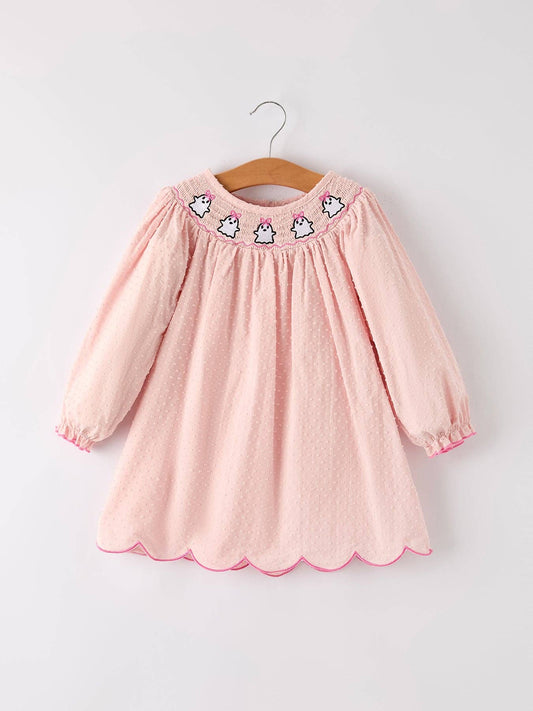 Halloween Light Pink Ghost Embroidery Smock Girl Dress