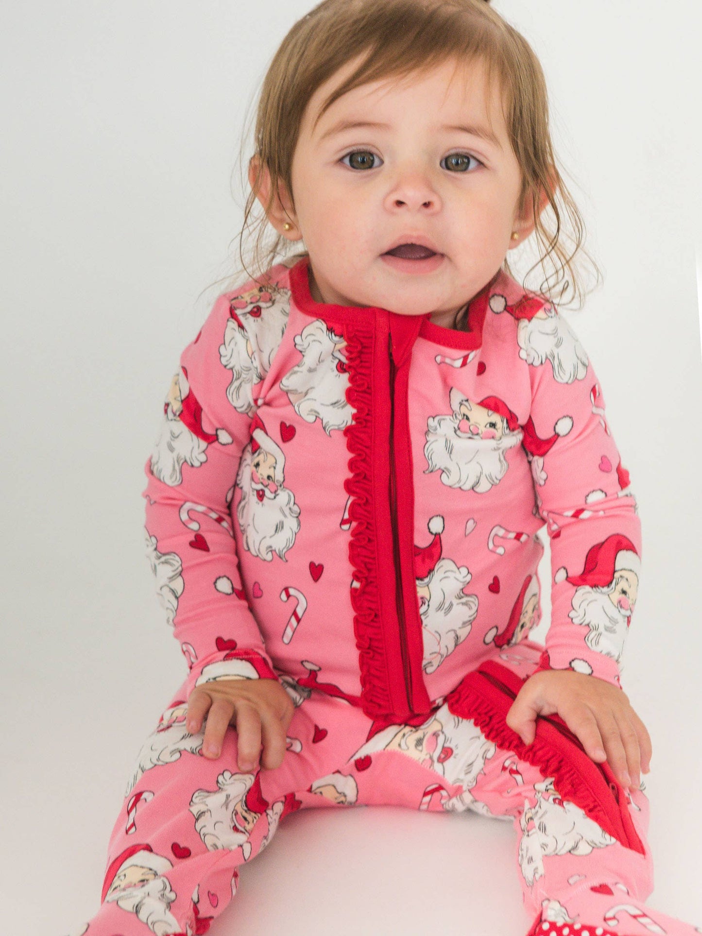 SoftSnooze™ Baby Girls Modal Blend Pink Santa Joy Footed Ruffle One Piece Pajama