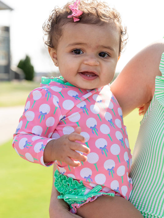 Baby Girls Pink Tee Time Long Sleeve One Piece Rash Guard Swimsuit with Signature Rear Ruffles