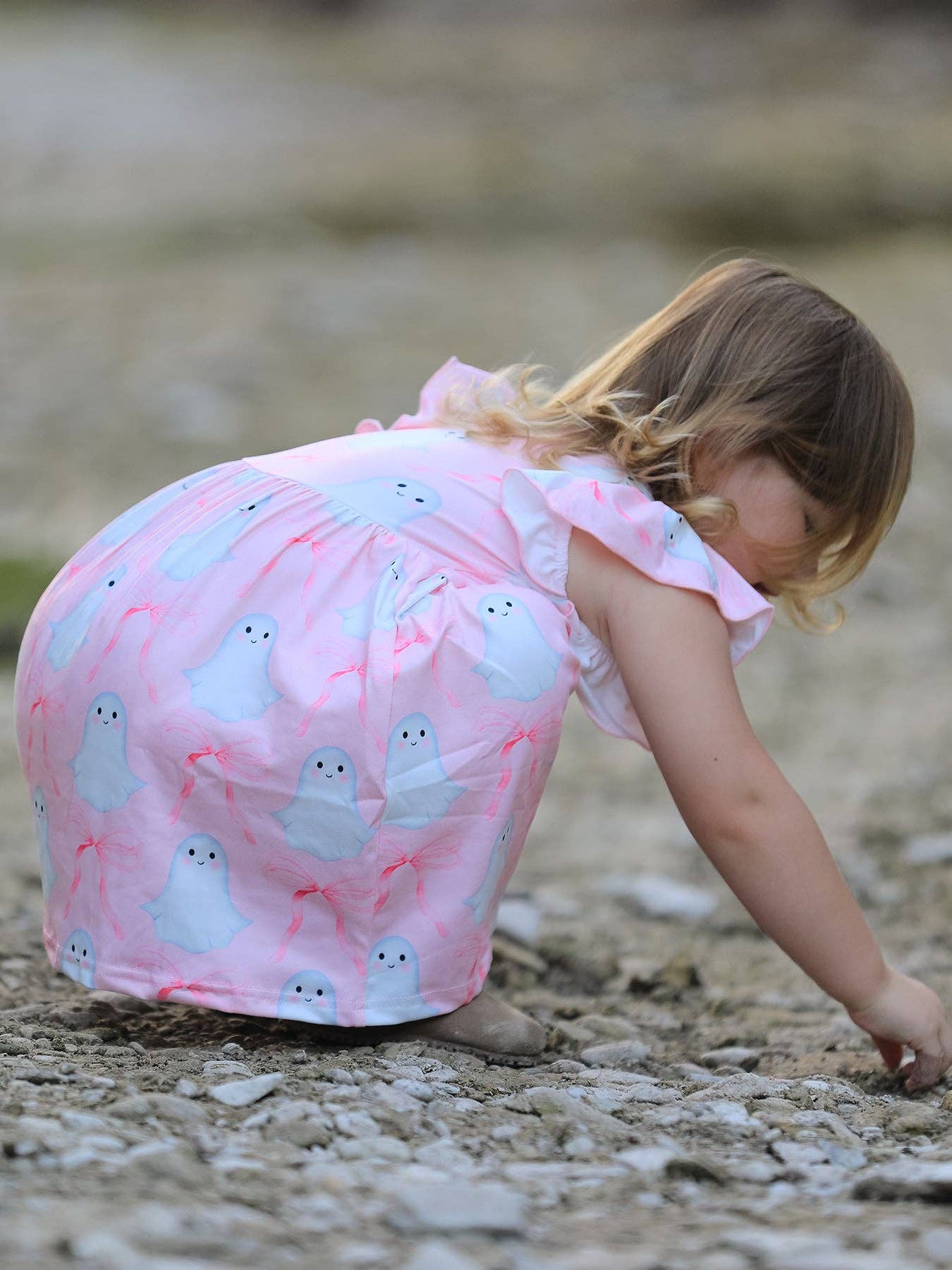 Halloween Pink Ghost Bow Ruffle Sleeve Dress