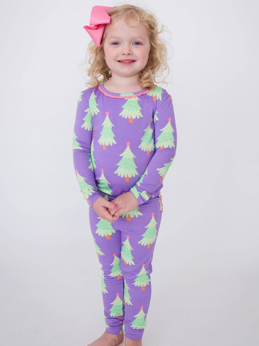 SoftSnooze™ Toddler Girls Bamboo Viscose Purple Twinkling Trees Ruffle Long Sleeve Pajama Set with Signature Rear Ruffles