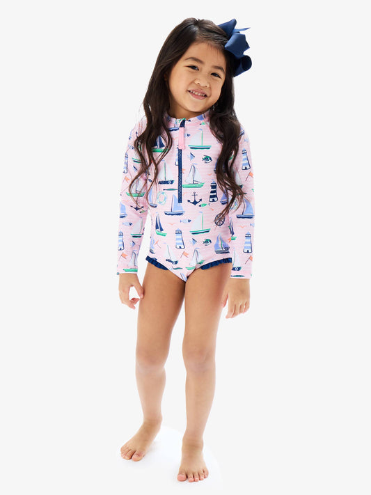 Girls Pink Sweet Sails Long Sleeve One Piece Rash Guard Swimsuit