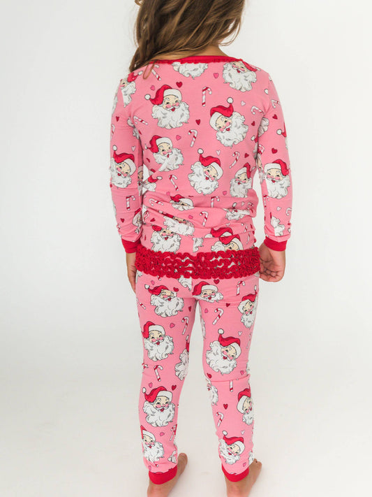 SoftSnooze™ Toddler Girls Modal Blend Pink Santa Joy Ruffle Long Sleeve Pajama Set with Signature Rear Ruffles