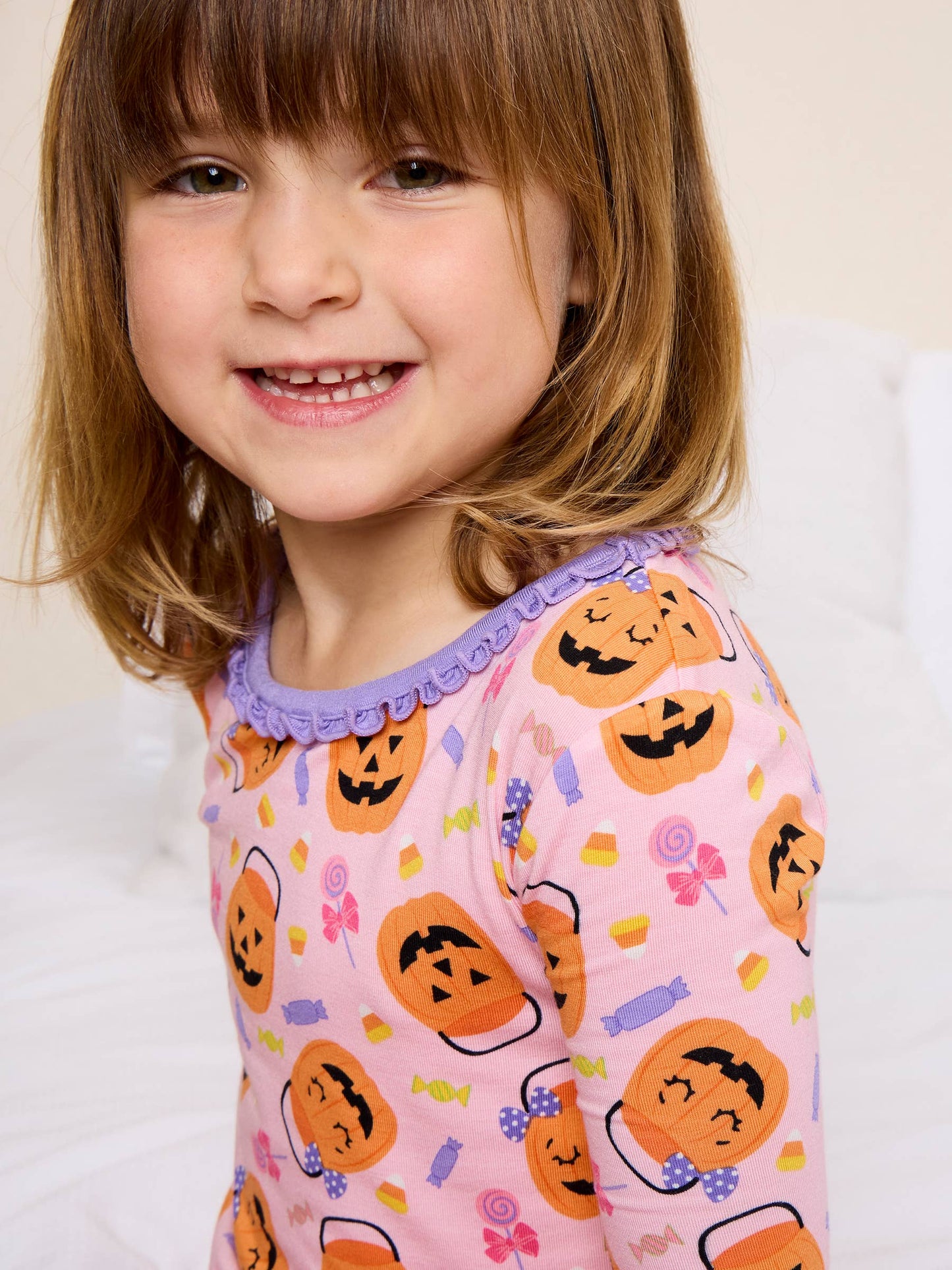 SoftSnooze™ Toddler Girls Bamboo Viscose Pumpkin Boo Crew Ruffle Long Sleeve Pajama Set with Signature Rear Ruffles
