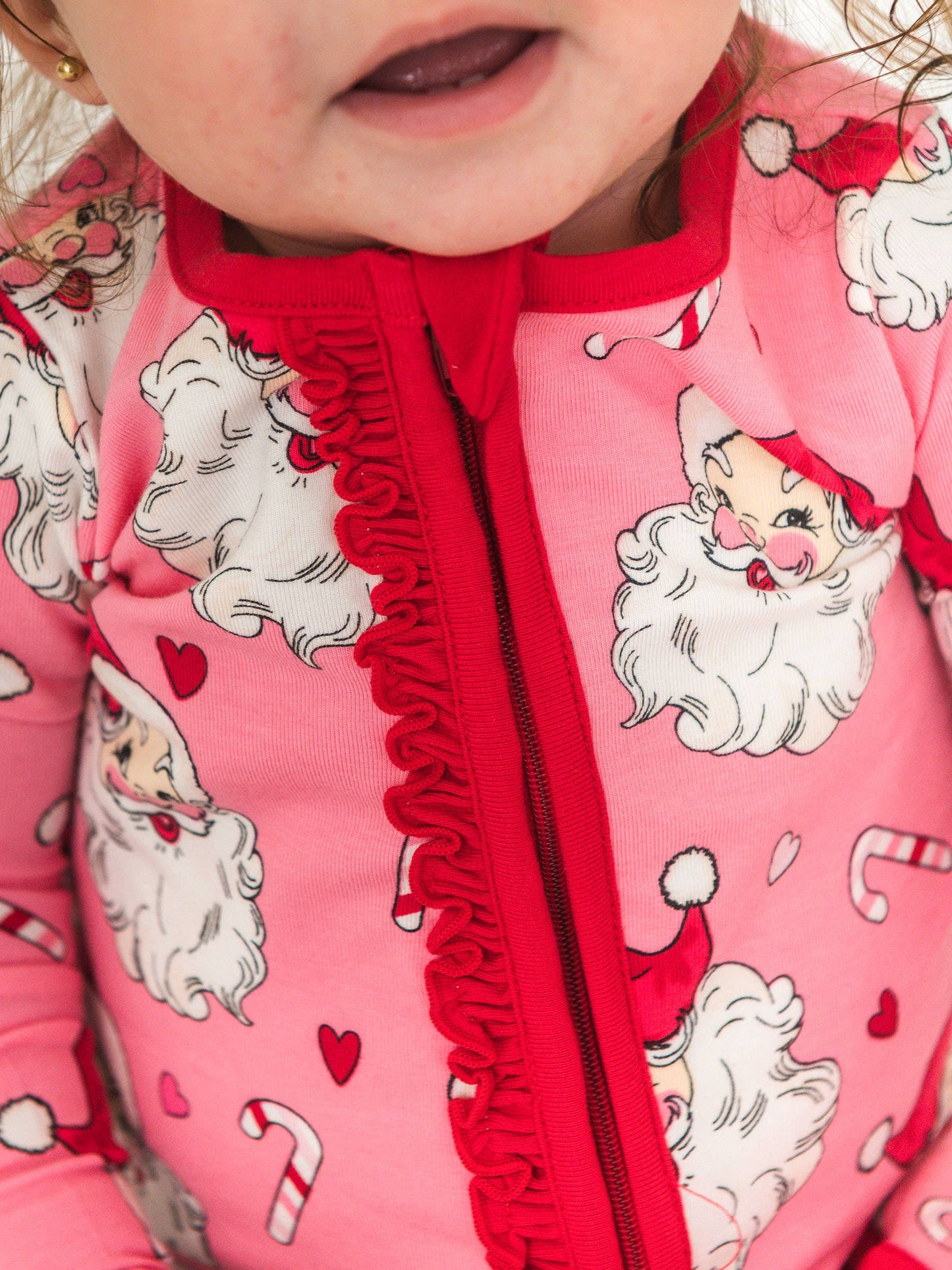 SoftSnooze™ Baby Girls Modal Blend Pink Santa Joy Footed Ruffle One Piece Pajama
