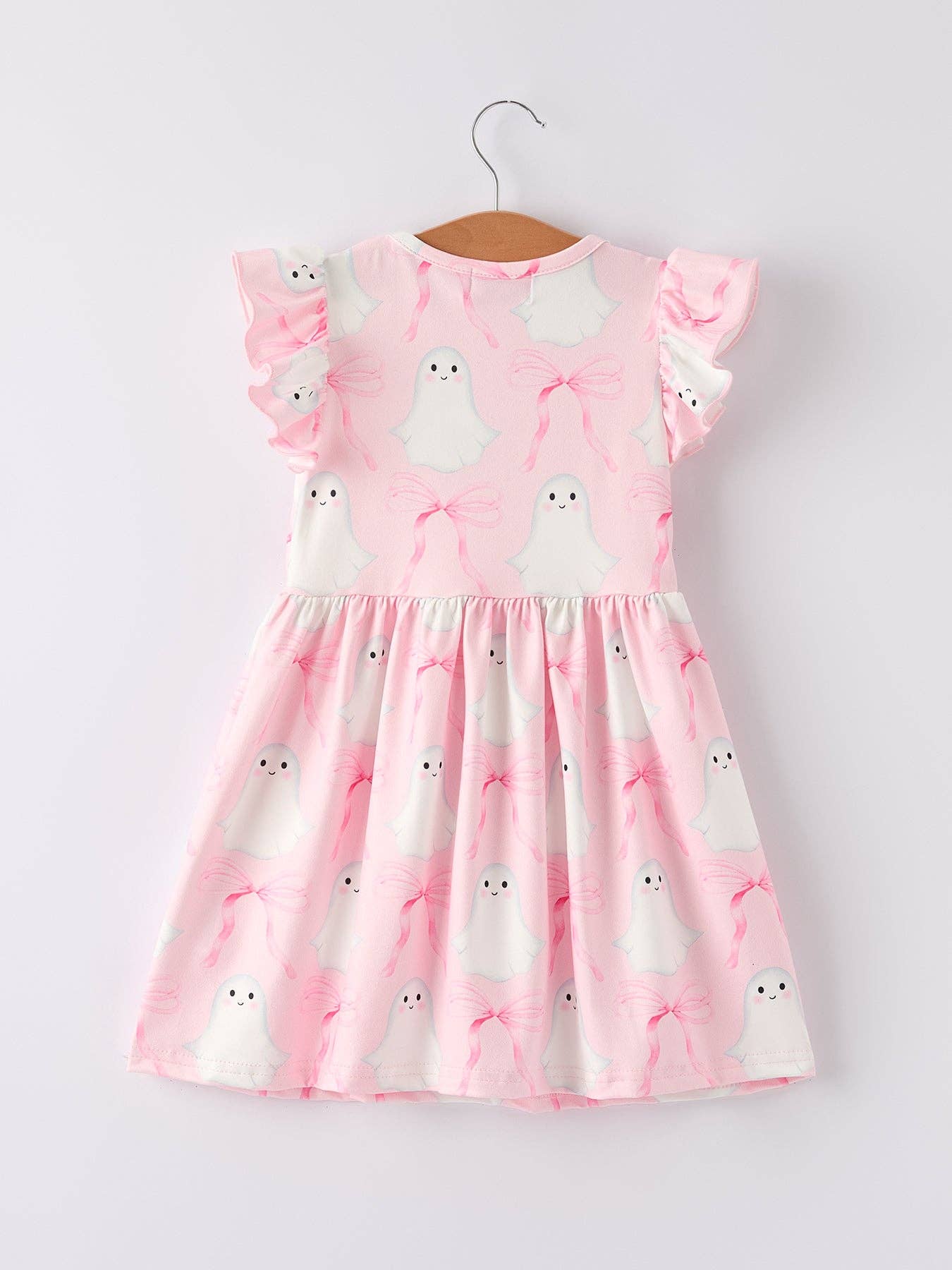 Halloween Pink Ghost Bow Ruffle Sleeve Dress